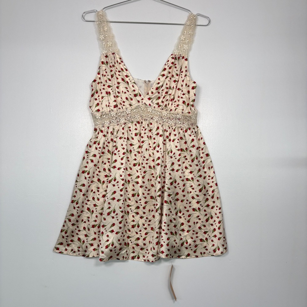 Reformation Women Silk Mini Dress 8 Cream Floral Lace Trim Rosebud Sleeveless